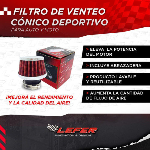Imagen 3 de 9 de Filtro Venteo Auto Conico Deportivo De Aire Moto Rojo 15mm