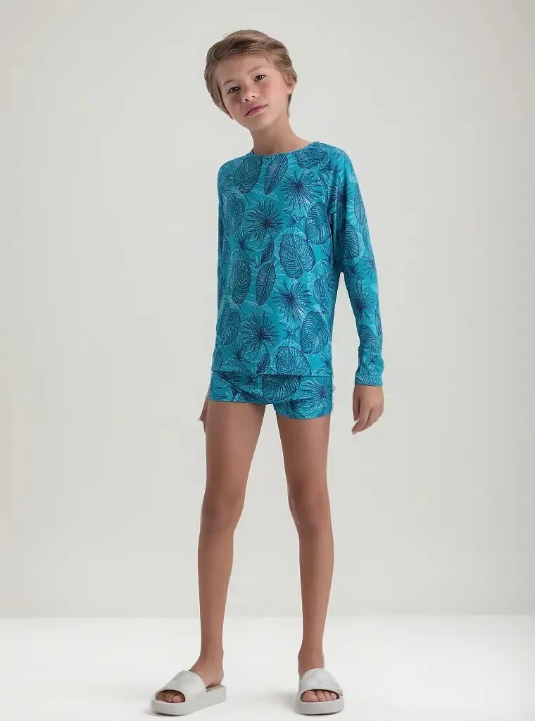 Conjunto Moda Praia Uv50+ Infantil Masculino Tropical Cor Verde Tamanho 2