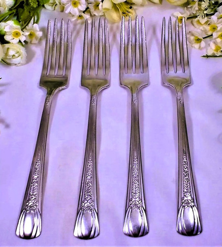 4 Tenedores Antiguos Master Silver Plate Comida 20cm Año1950