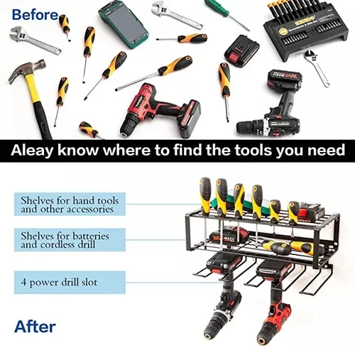 Organizador de herramientas eléctricas, soporte para taladro montado en la  pared, estación de carga de taladro con 4 ranuras colgantes, almacenamiento