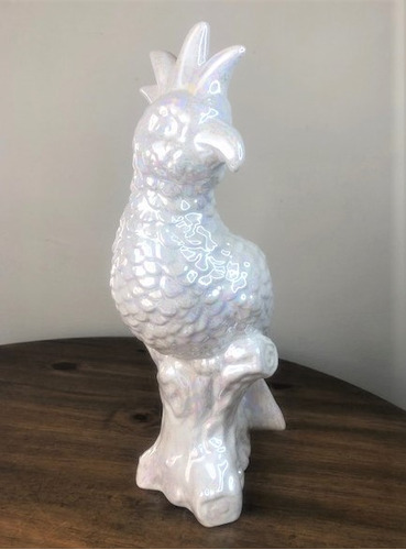 Estatueta Pássaro Cacatua Perolado Pintado A Mão 32cm