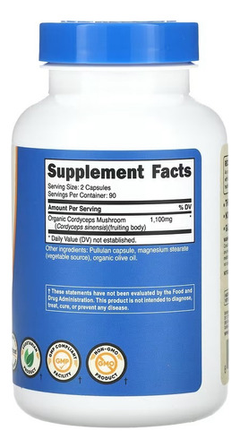 Nutricost Cordyceps Mushrooms 1100 Mg 180 Cápsulas Sabor Sin Sabor