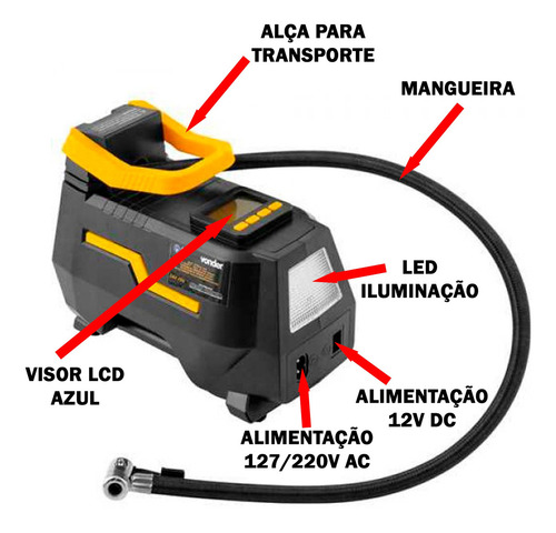 Compressor de ar mini elétrico portátil Vonder CAV 150 120W 12V/127V/220V preto/amarelo