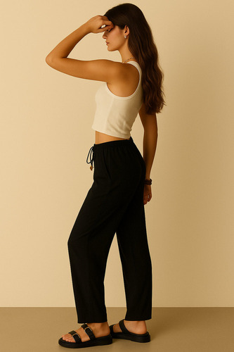 Pantalón Fluido Recto Cintura Elástica Con Jareta High Stree