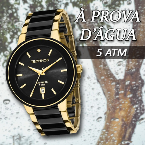 Relógio Technos Ceramic Sapphire Feminino 2115krs 4p Preto/dourado Preto Preto