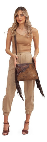 Bolsa tiracolo de couro cinzelado e enfeite de cabelo natural, cor de camelo, design de tecido de cabelo Catalina