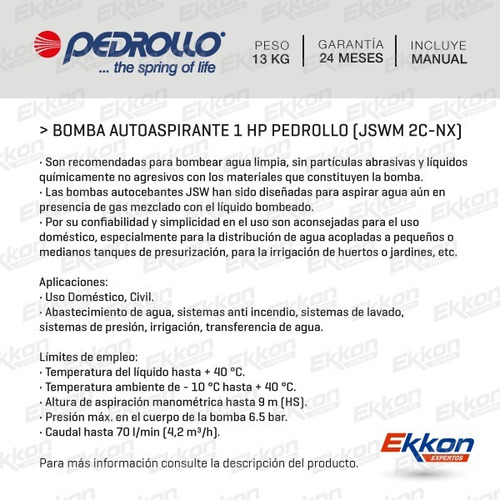 Bomba Autoaspirante Pedrollo 1 Hp Centrifuga Agua Jswm 2c-nx