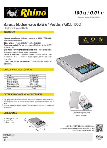 Imagen 3 de 3 de Bascula De Precisión Portátil Para Babol100g Rhino Rbanda