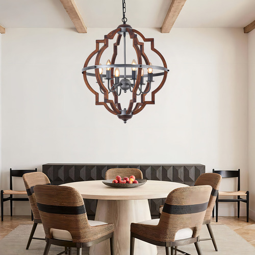 Lampara De Arana De Madera Rustica De 6 Luces, Estilo Vintag