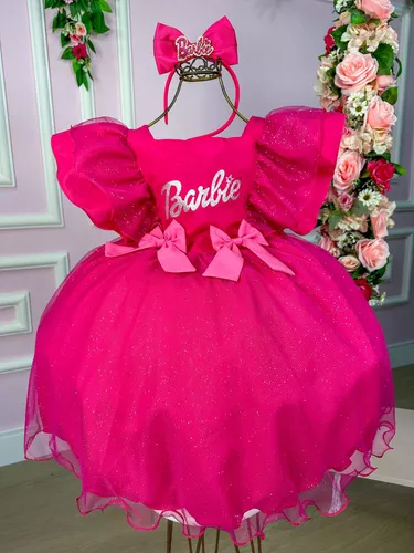 Vestido Barbie Rosa + Tiara Brinde