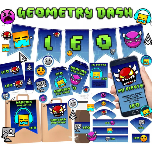 Kit Imprimible Geometry Dash Cotillón Cumpleaños