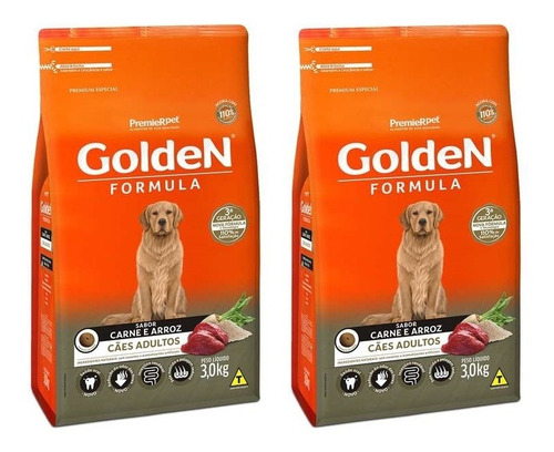 Ração Golden Cães Adultos Carne/arroz 3kg Premier Kit 2 Unid