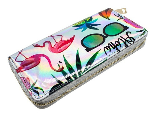 Cartera Tornasol Plata Con Monedero De Flamingos Para Mujer 