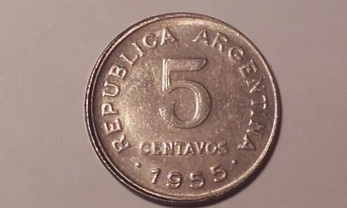 Variante - 5 Centavos 1955 - Girada Entre 90º Y Rev. Medalla