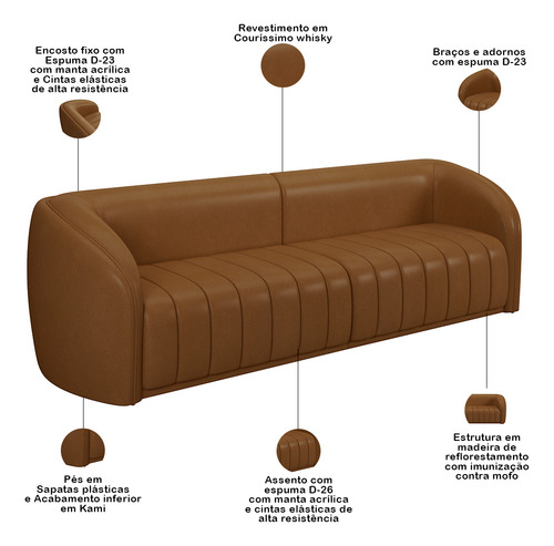 Kit Sofá 4 Lugares Para Sala 252cm com 01 Poltrona Lazio M03 Couríssimo Whisky