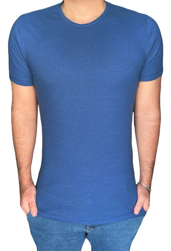 Camiseta Malha Canelada Slim Fit Manga Curta Masculina Azul