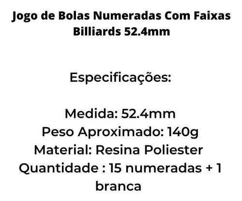 Jogo De Bolas Numeradas Importada Billiards 52.4mm