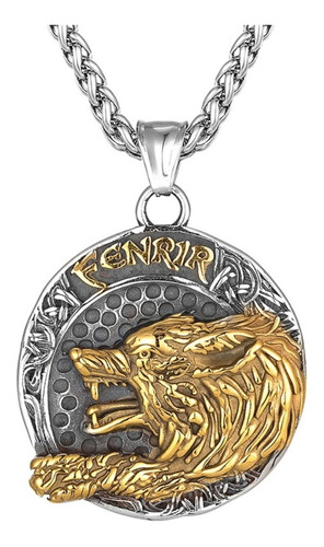 Collar Con Dije Lobo Fenrir Vikingo Acero Color Oro Hombre