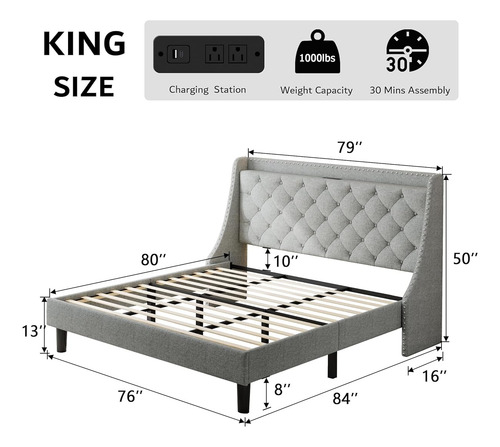 Base De Cama Ipormis King Size Con Puerto Usb Gris Claro