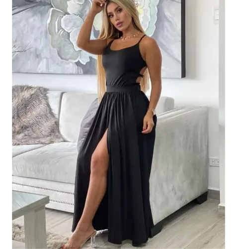 Vestido negro largo con abertura en la pierna new arrivals