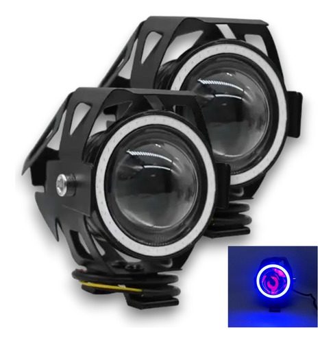 Kit X2 Faros U7 Proyector Lupa Moto Ojo De Angel Azul A-vip