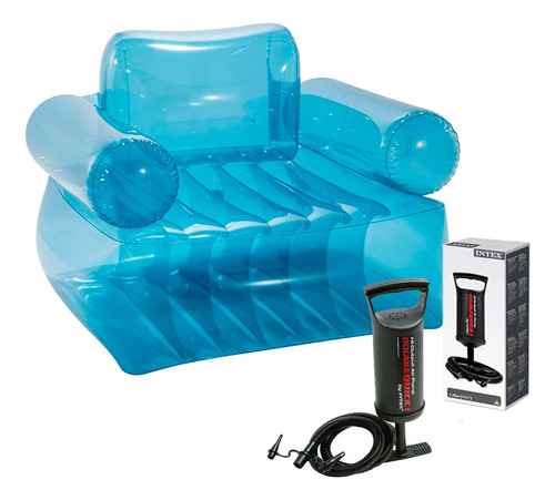 Poltrona Azul Puff Sofá Inflável Intex + Bomba De Ar Manual