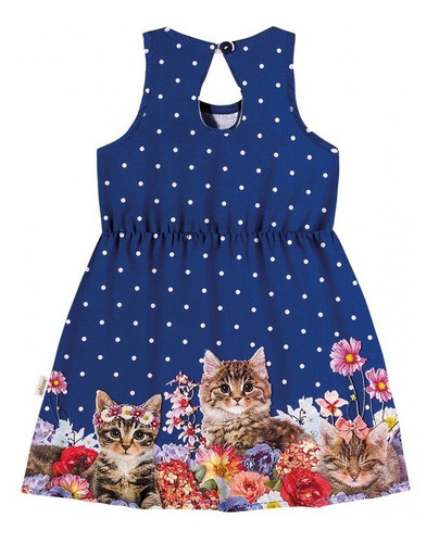 Imagem 3 de 3 de Vestido Bebê Gatinhos Azul 100% Algodão 21740 Elian