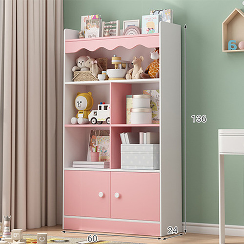 Librero De Madera Moderno Para Niños Con 4 Pisos Y 2 Puertas Rosa