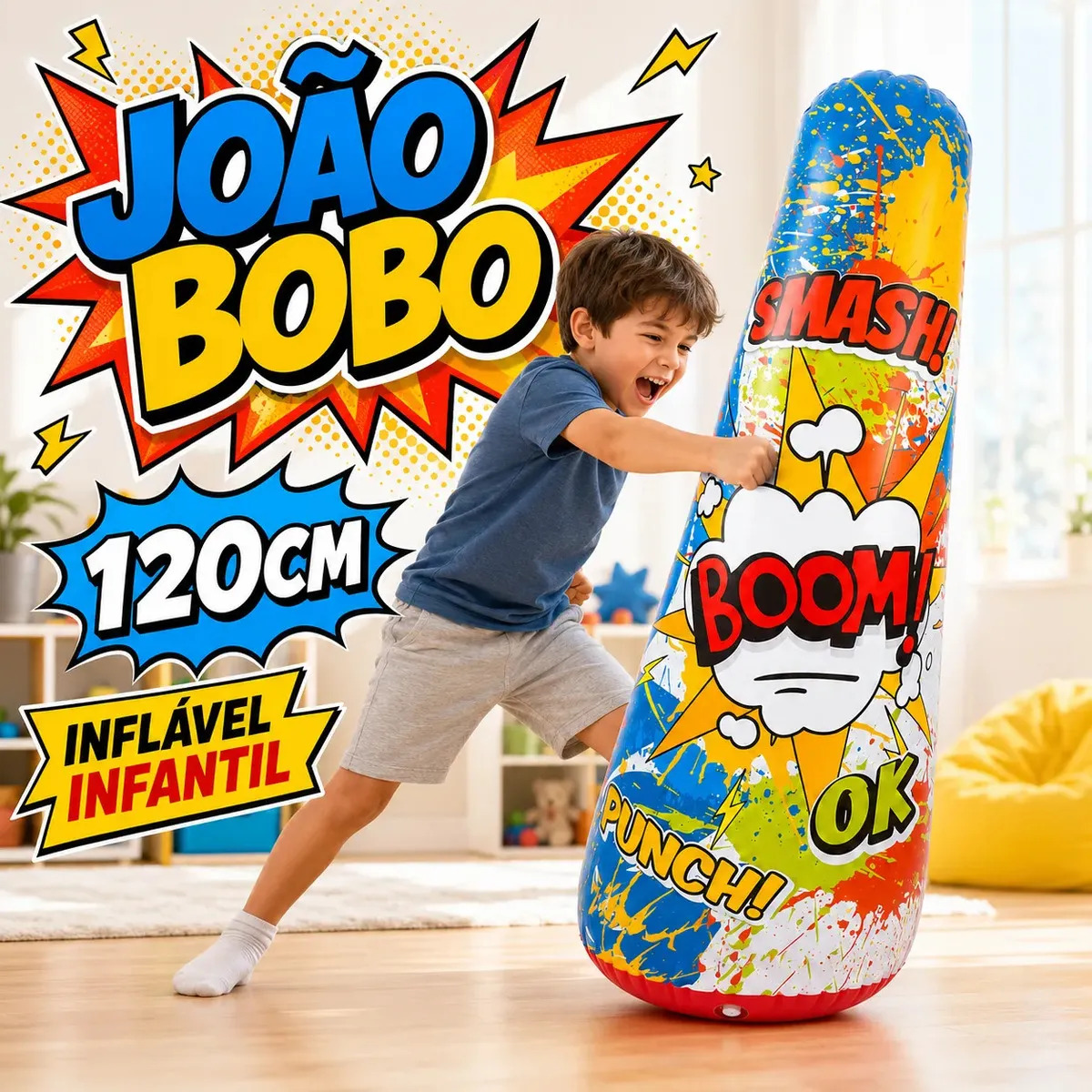 João Bobo Inflável 120cm Boneco Teimoso Bate e Levanta Saco de Pancada Boxe Infantil Presente Aniversário Criança