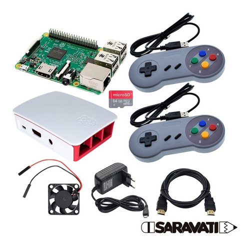 Kit Raspberry Pi 3 B Retrogame 64gb Case +2 Controles Snes