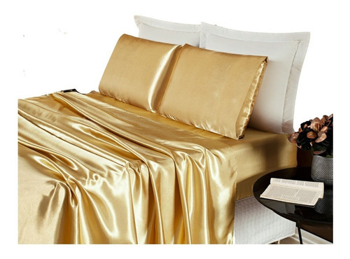 Jogo Lençol Seda Cama King 4 Peças Cetim Charmouse  Romantic Cor Dourado