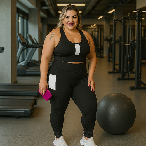 Conjunto De Academia Plus Size Top E Calça Fitness Com Bolso