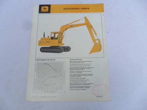 Folleto John Deere Excavadora Jd690 No Es Manual Antiguo