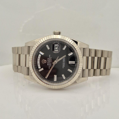 Rolex Day-date 40mm Presidente Ouro Branco & Diamantes Prateado Prateado Preto (Usado)