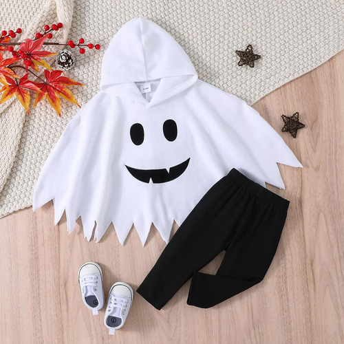 Disfraz De Halloween Para Bebés Y Niñas, Capa Blanca De Fantasma Con Capucha, Parte Superior Negra, Pantalones Largos, Ropa De Cosplay