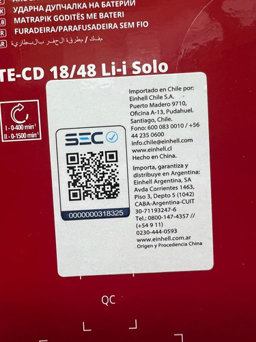 Taladro percutor atornillador inalámbrico de 13mm Einhell TE-CD 18/48 Li-i Solo