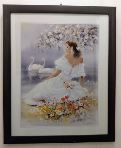 Señorita Con Cisnes _ Rachelle _ Litografía Enmarcada