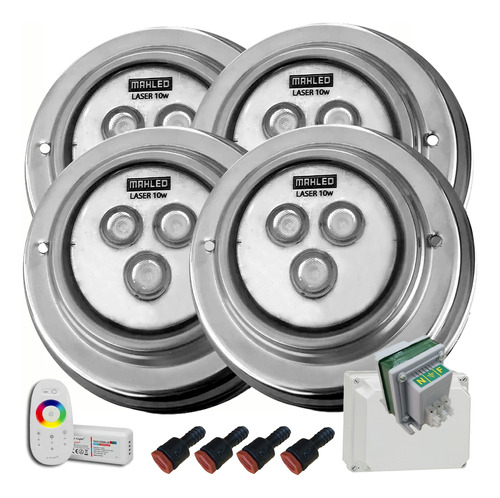 Pack 4 Luces Pileta 10w Rgb/control/pasamuros/fuente/caja 