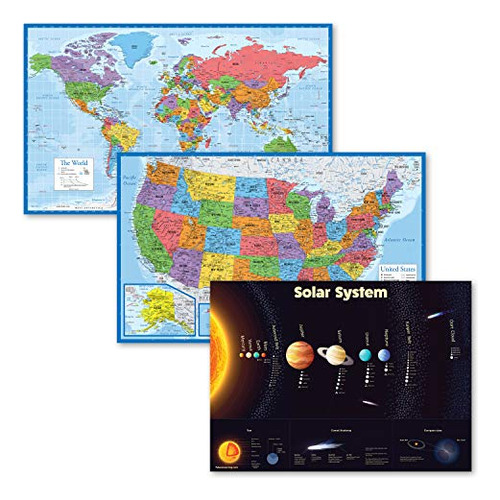 3 Pack - World & Usa Maps + Solar System Poster Set [bl...