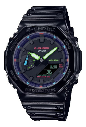 Reloj Casio G-shock Virtual Rainbow Carbon GA-2100RGB-1adr, color de correa de reloj negro, color de bisel negro, color de fondo negro