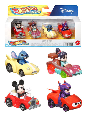 Hot Wheels Disney - Pack 4 Autos - Mickey, Vanellope, Stitch