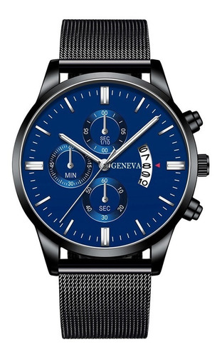 Relógio De Pulso Luxo Quartz Aço Inoxidável Geneva Cor da correia Preto Cor do fundo Azul