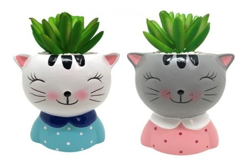 2 Vasinho De Ceramica Para Suculenta Dupla De Gata Cor Decorado Gatinha