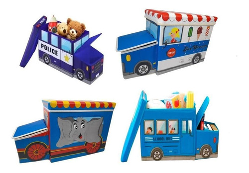 Puff Azul Infantil Bau Organizador Brinquedos Duplo Onibus