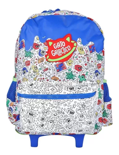 Mochila de Rodinhas Escolar Infantil Gato Galáctico Desenhos Colorir - Azul