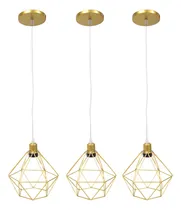 Comprar 3 Pendente Aramado Diamante Luminárias Lustre Cabo Cristal P Teto Retrô Agp Ilumini Industrial Cor Dourado