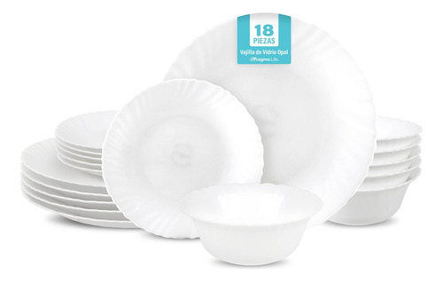 MAGMA LIFE Vajilla de Opal Olas 6 personas (18 Piezas),Juego de Platos de Ultra Alta Resistencia: 6 Extendidos, 6 para Postre y 6 Hondos, para Microondas y Lavavajillas, Antibacterial, Fácil de Limpia