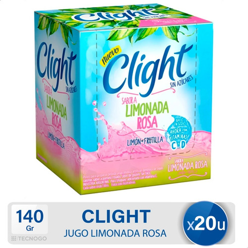 Imagen 1 de 9 de Jugo En Polvo Clight Limonada Rosa Vitaminas Sin Tacc X20