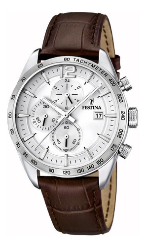 Reloj pulsera Festina Timeless Chronograph F16760 de cuerpo color gris plata, analógico, para hombre, fondo gris plata, con correa de cuero color marrón, agujas color gris plata, negro y blanco, dial gris plata y blanco, subesferas color gris plata, minutero/segundero negro, bisel color gris plata y hebilla simple