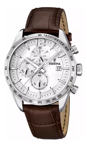 Reloj de pulsera Festina Timeless Chronograph F16760 de cuerpo color gris  plata, analógico, para hombre, fondo gris plata, con correa de cuero color  marrón, agujas color gris plata, negro y blanco, dial